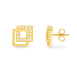 Vergoldete Ohrstecker in doppeltem Quadrat-Design mit funkelnden weißen Zirkonia-Steinen, dargestellt in Vorder- und Seitenansicht – moderner, eleganter Schmuck.