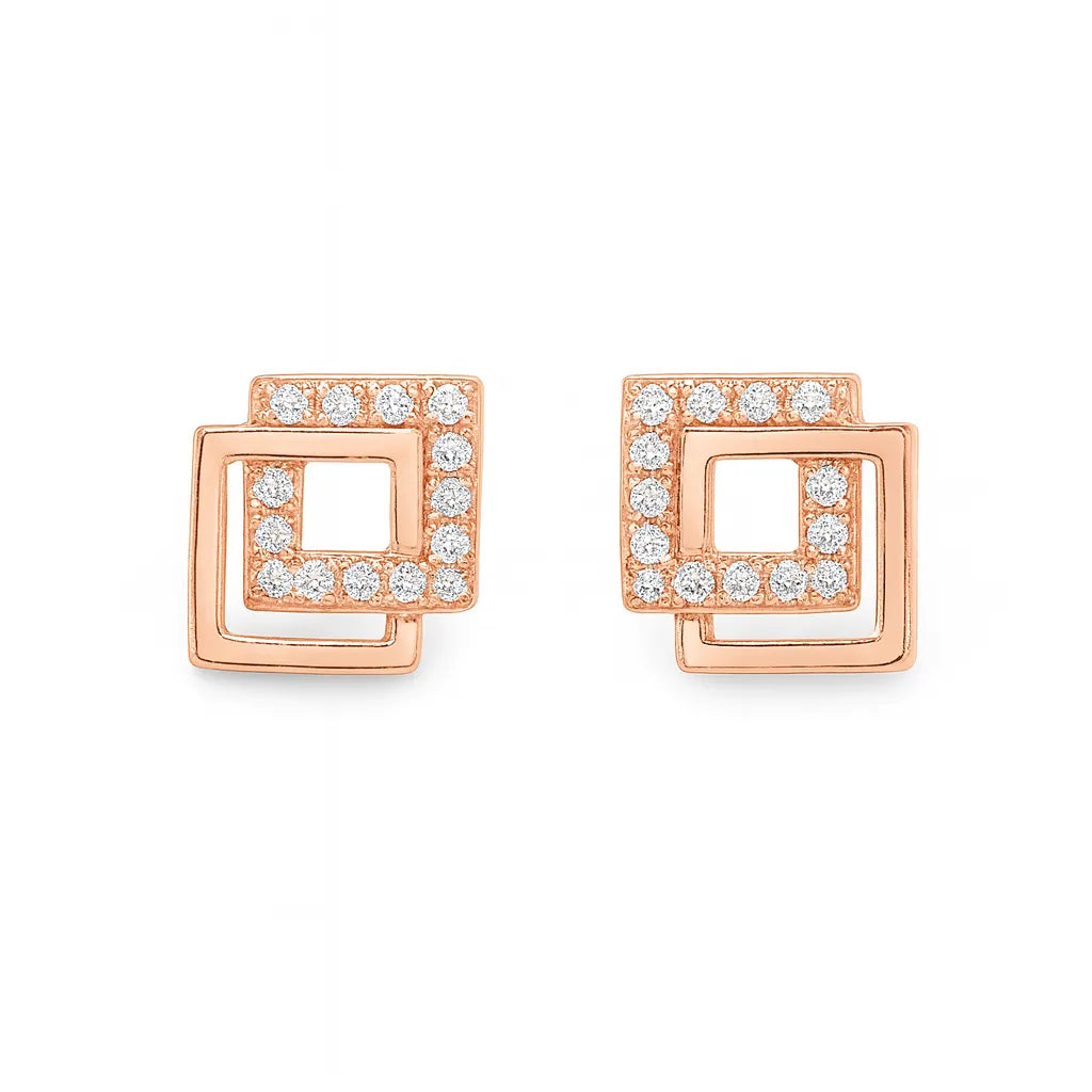 Rosévergoldete Ohrstecker in geometrischem Quadrat-Design mit funkelnden weißen Zirkonia-Steinen – eleganter, moderner Schmuck für stilbewusste Frauen.