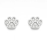 Silberne Ohrstecker in Form einer Pfote, verziert mit funkelnden weißen Zirkonia-Steinen – eleganter und verspielter Schmuck für Tierliebhaber.