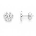 Silberne Ohrstecker in Form einer Pfote mit funkelnden Zirkonia-Steinen, Vorder- und Seitenansicht – eleganter Schmuck für Tierliebhaber.