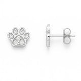 Silberne Ohrstecker in Form einer Pfote mit funkelnden Zirkonia-Steinen, Vorder- und Seitenansicht – eleganter Schmuck für Tierliebhaber.