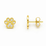 Vergoldete Ohrstecker in Pfotenform, besetzt mit glitzernden weißen Zirkonia-Steinen, Vorder- und Seitenansicht – stilvoller Ohrschmuck für Tierfreunde.