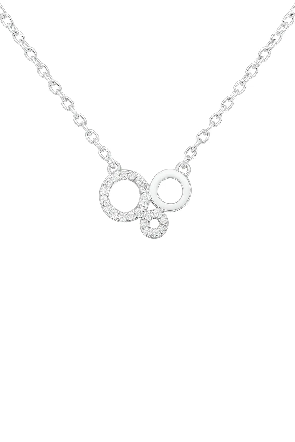 Feine Silberkette mit drei ineinander verbundenen Kreisen, teils mit Zirkonia besetzt, auf weißem Hintergrund – elegantes Schmuckdesign aus 925 Sterling Silber.