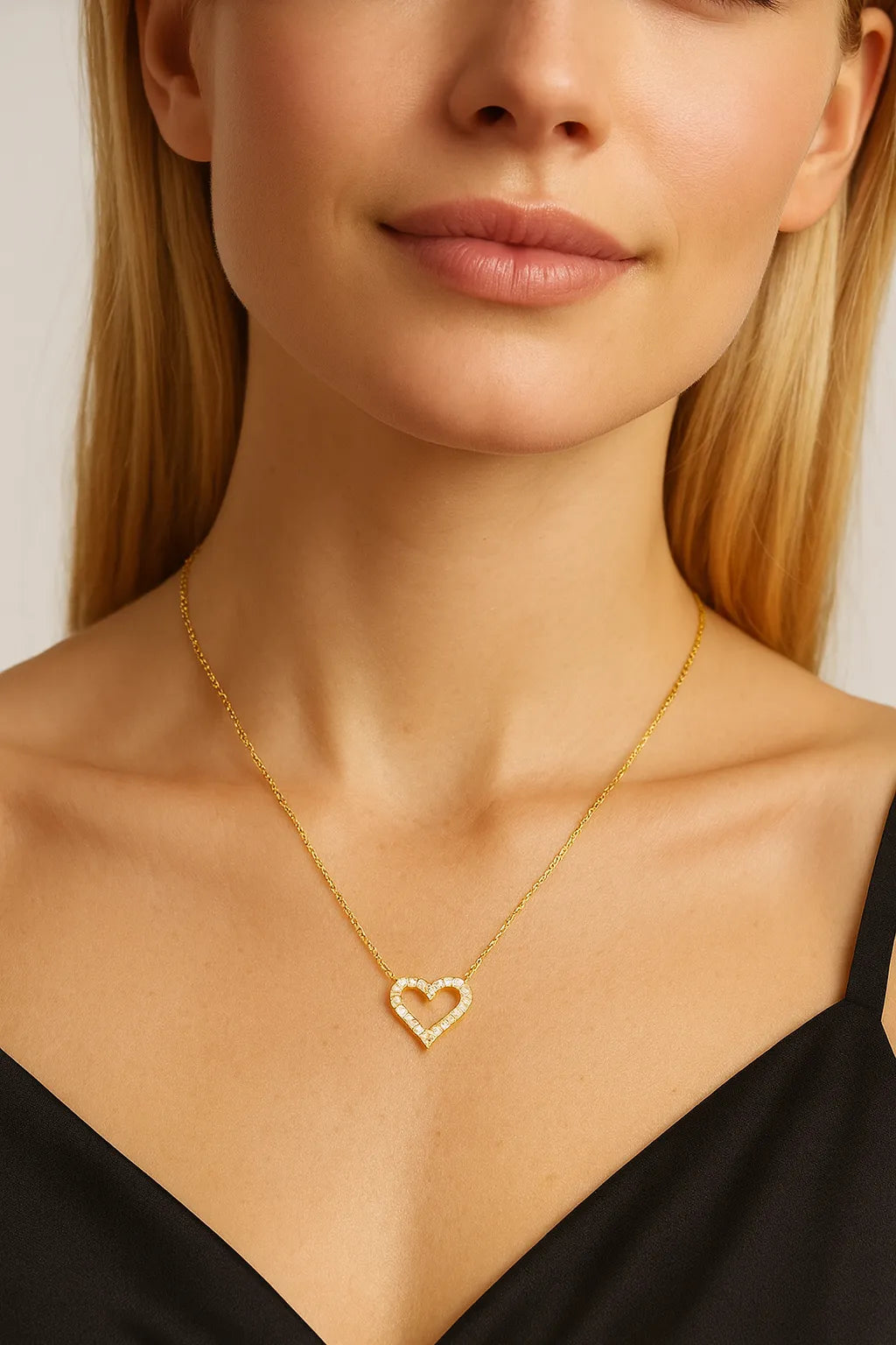 "Vergoldete Halskette mit funkelndem Herzanhänger aus Zirkonia an filigraner Goldkette, getragen am Hals einer Frau – eleganter, romantischer Schmuck für besondere Anlässe."