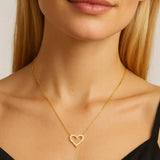 "Vergoldete Halskette mit funkelndem Herzanhänger aus Zirkonia an filigraner Goldkette, getragen am Hals einer Frau – eleganter, romantischer Schmuck für besondere Anlässe."