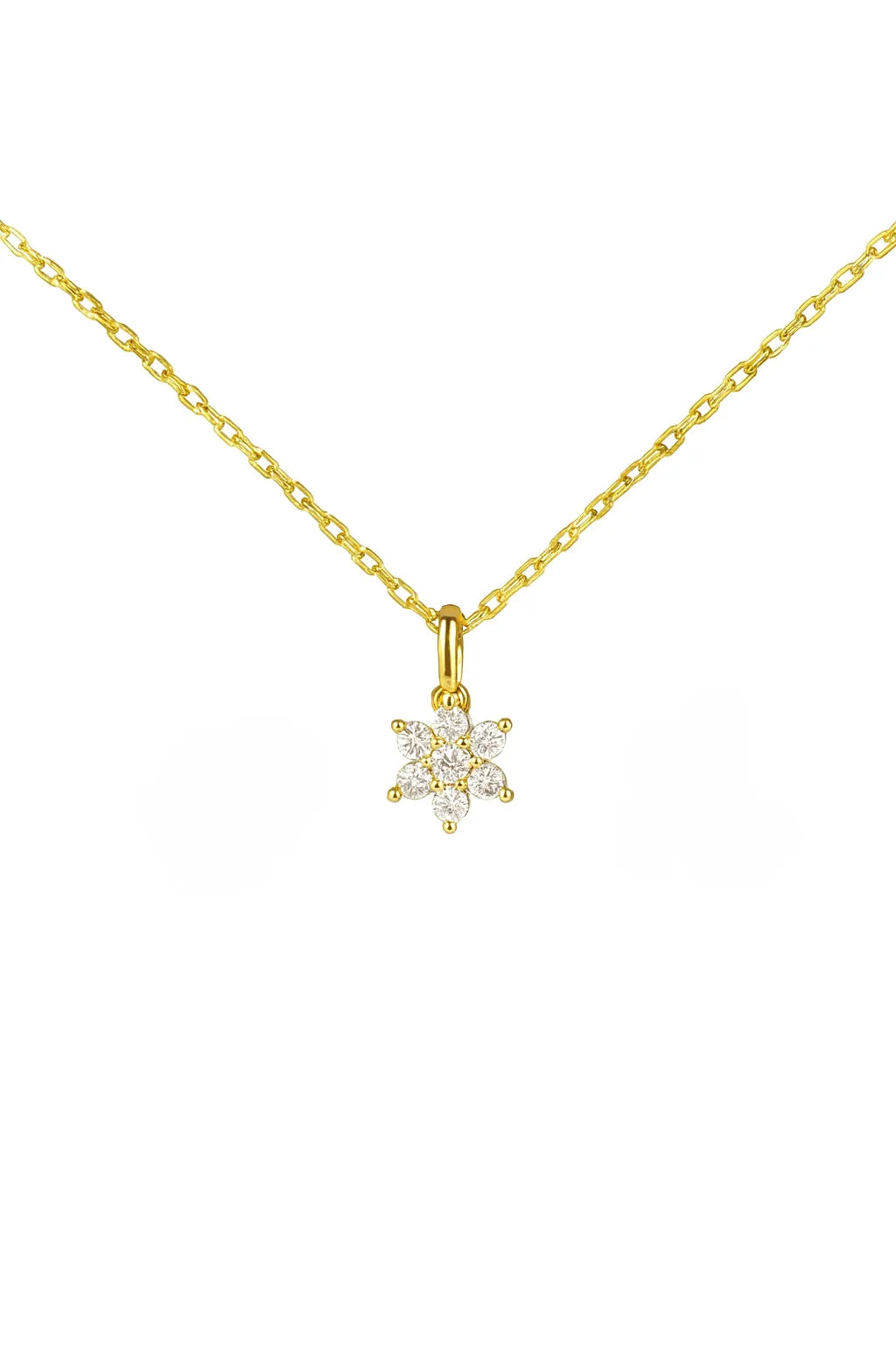 Goldene Halskette mit filigraner Gliederkette und funkelndem, blütenförmigem Anhänger aus sieben klaren Zirkonia-Steinen, präsentiert auf weißem Hintergrund.