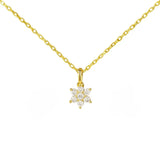 Goldene Halskette mit filigraner Gliederkette und funkelndem, blütenförmigem Anhänger aus sieben klaren Zirkonia-Steinen, präsentiert auf weißem Hintergrund.