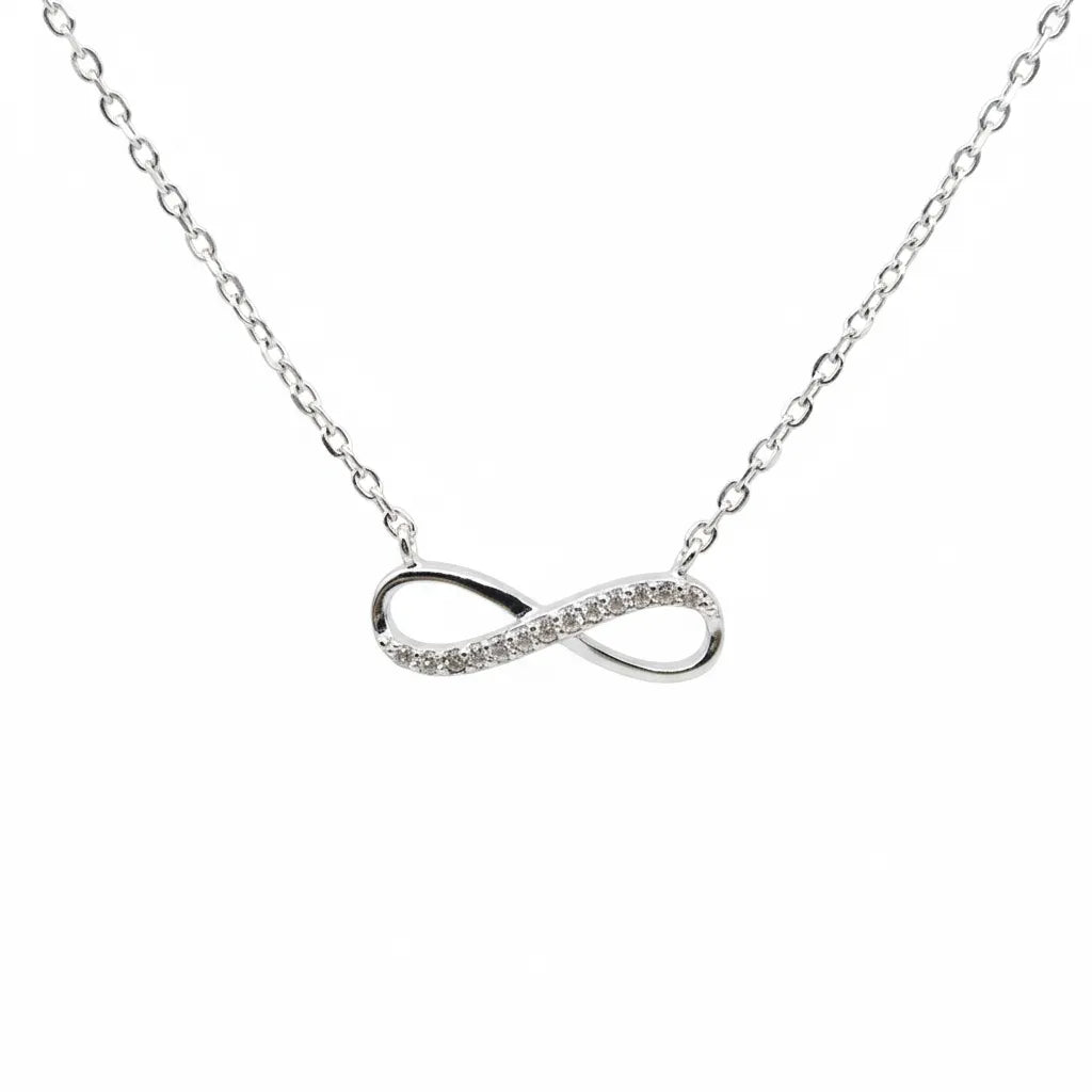 Feine Damen Halskette aus 925 Sterling Silber mit funkelndem Infinity-Anhänger, teils besetzt mit klaren Zirkonia-Steinen, Symbol für ewige Liebe.