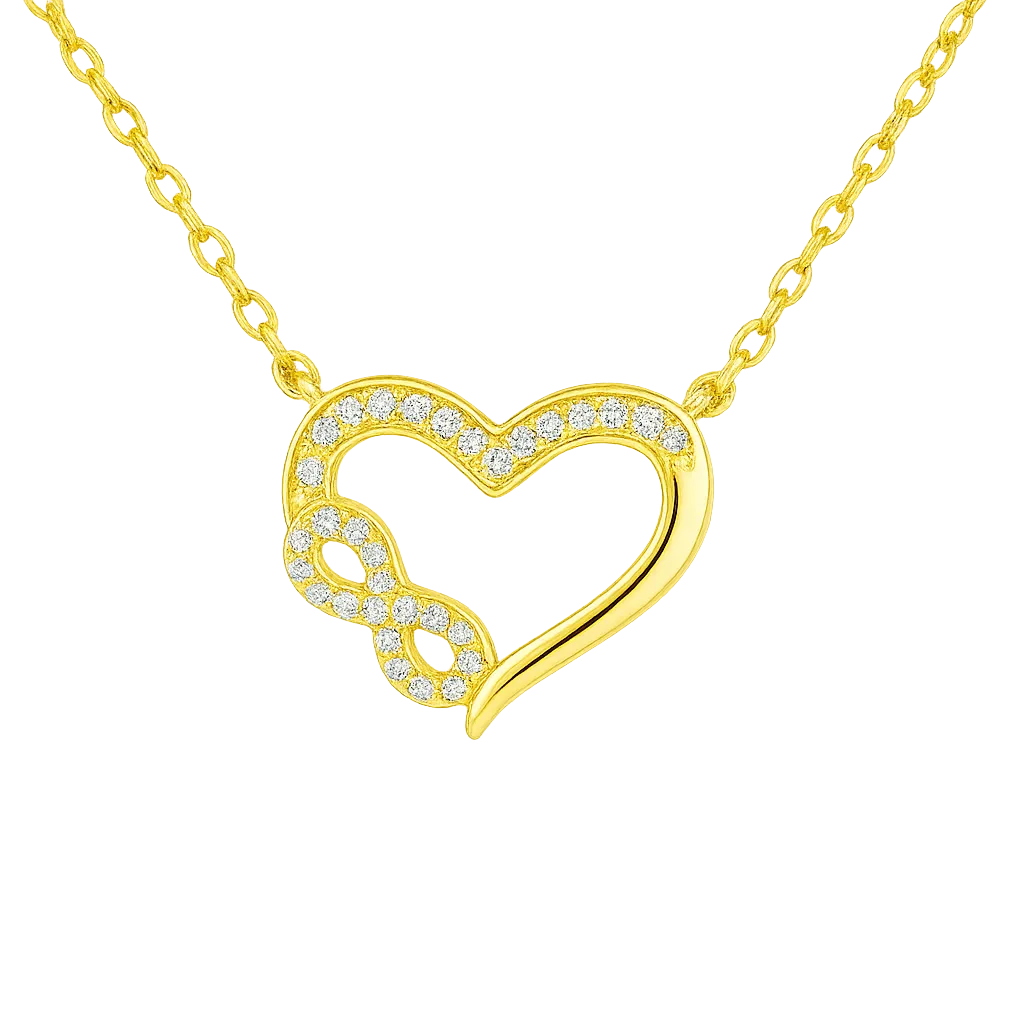Romantische vergoldete Damenkette mit Herz-und-Unendlichkeit-Anhänger und funkelnden Zirkonia. Symbol für Liebe, Treue und Verbundenheit – perfekte Geschenkidee für sie.