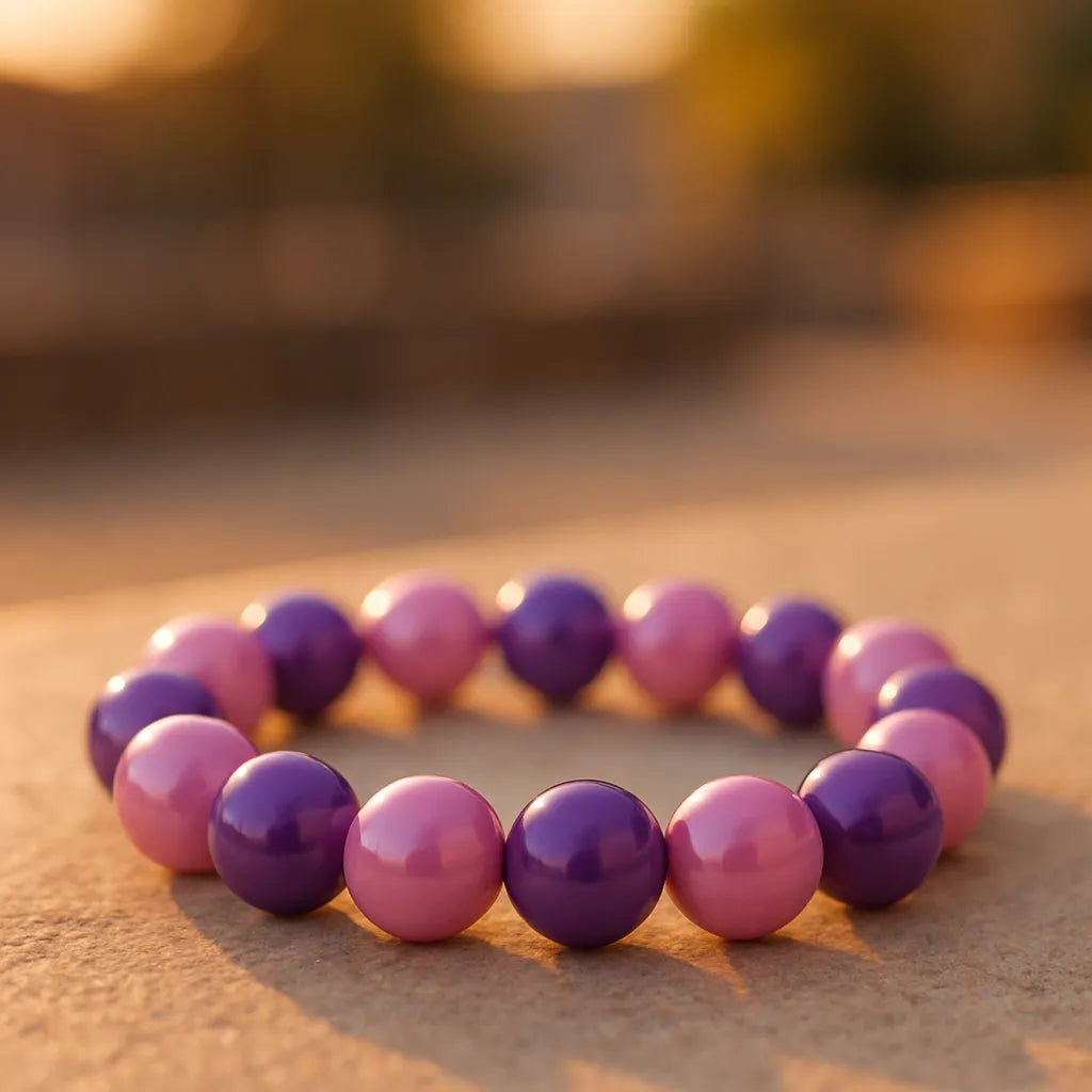 Ein glänzendes Armband aus abwechselnd rosa und lila Perlen liegt flach auf einer hellen Steinoberfläche. Das warme Licht der untergehenden Sonne lässt die Perlen sanft schimmern, während der Hintergrund mit weicher Unschärfe eine urbane Abendstimmung erzeugt.