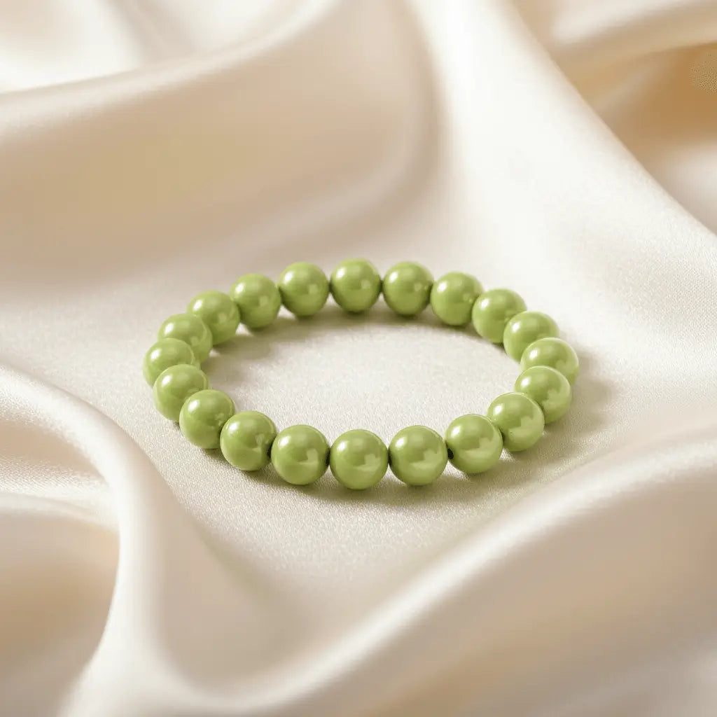 Ein Armband aus limettengrünen Perlen auf einem glatten, hellen Stoff.