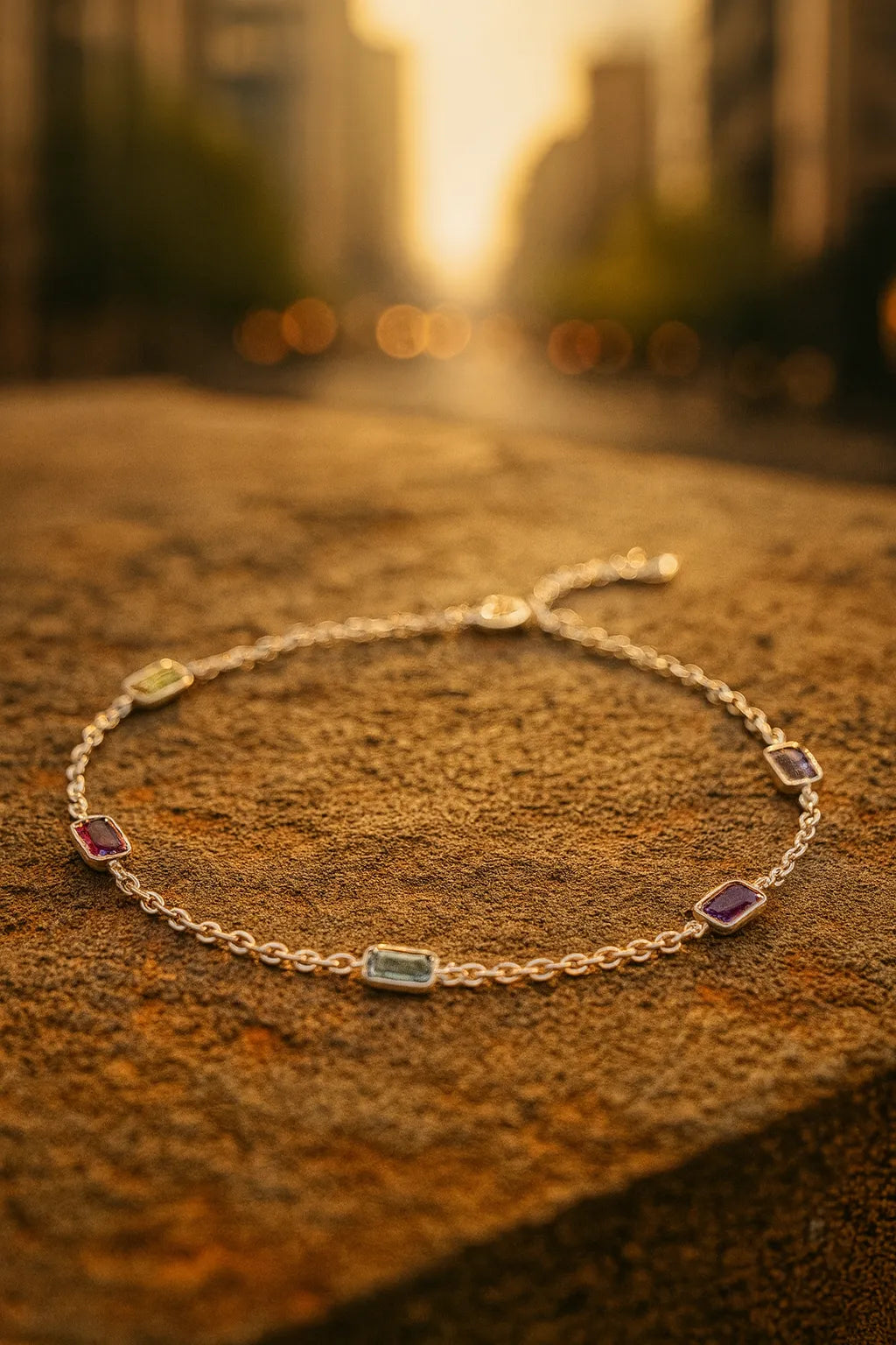 Ein silbernes Armband mit fünf rechteckigen, farbigen Edelsteinen liegt auf einem sonnenbeschienenen Stein in einer urbanen Umgebung. Im Hintergrund sind unscharfe Gebäude und warmes, goldenes Abendlicht zu sehen, das die funkelnden Steine stimmungsvoll betont.