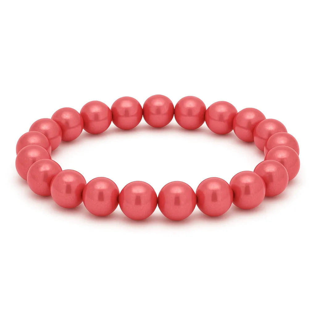 Lachsfarbenes Perlenarmband aus glänzenden, runden Perlen auf elastischem Band, kreisförmig angeordnet vor weißem Hintergrund.