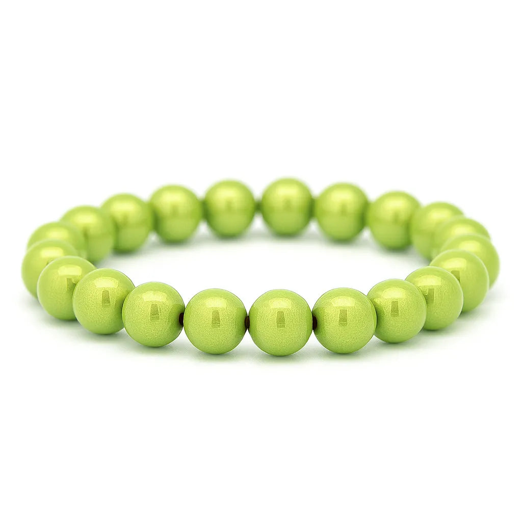 3D Wonderperlen Armbands mit glänzenden, hellgrünen Perlen in runder Form, aufgezogen auf einem elastischen Band.