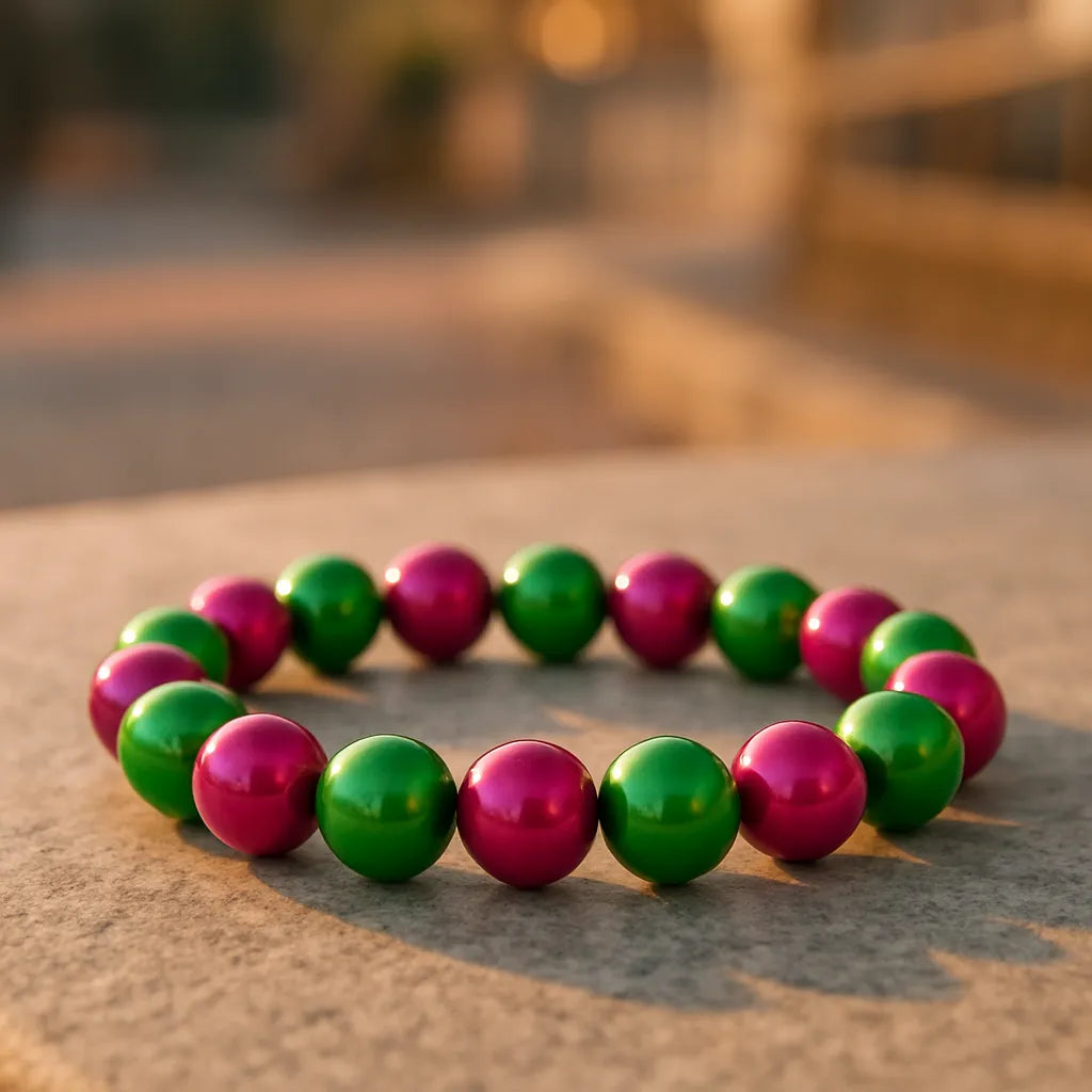 Ein glänzendes Armband aus abwechselnd pinken und grünen Perlen liegt flach auf einer hellen Steinoberfläche. Die warmen Sonnenstrahlen der goldenen Stunde lassen die Farben intensiv leuchten, während der Hintergrund mit sanfter Unschärfe eine urbane, ruhige Atmosphäre schafft.