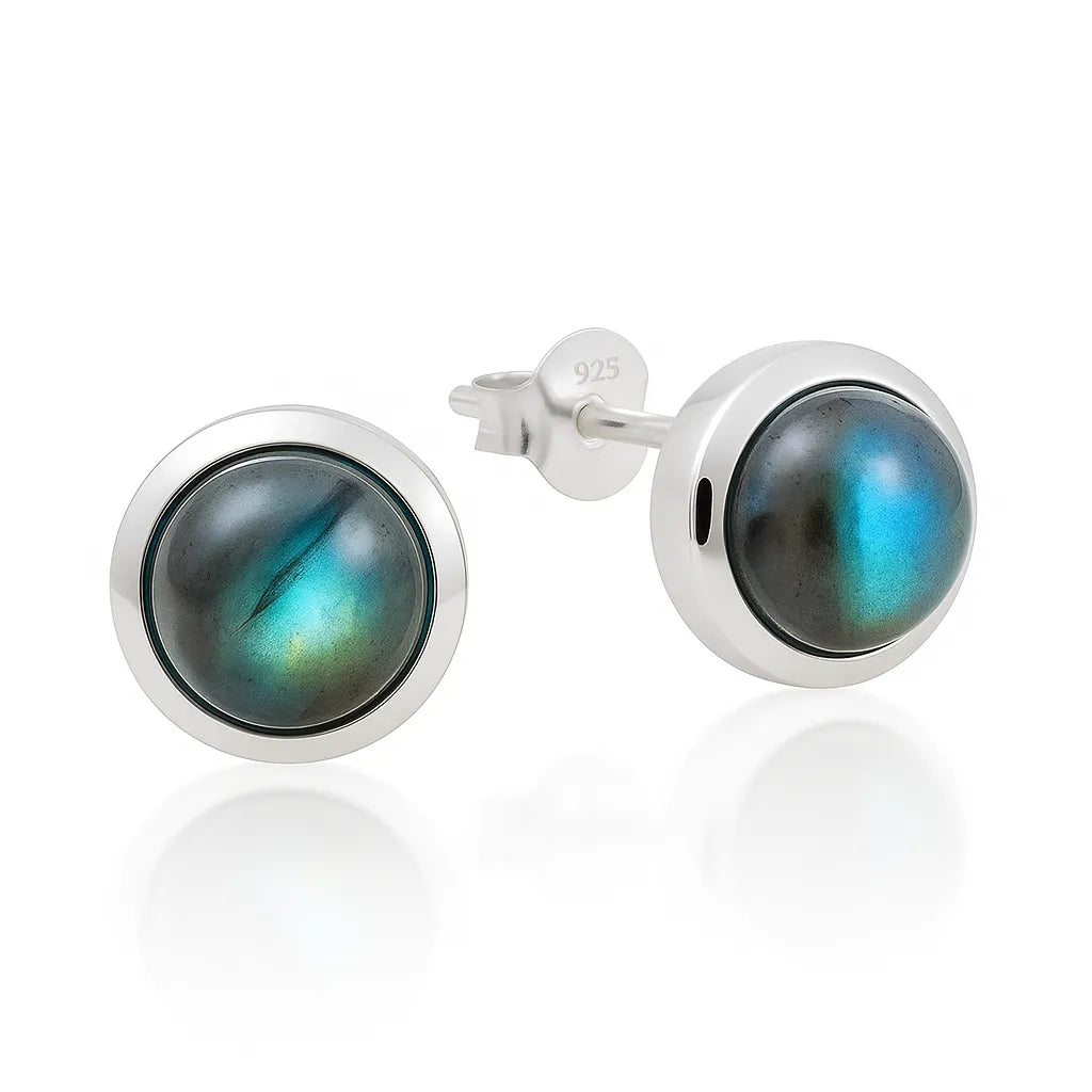 Elegante Damenohrstecker aus 925er Sterlingsilber mit rundem Labradorit Edelstein.