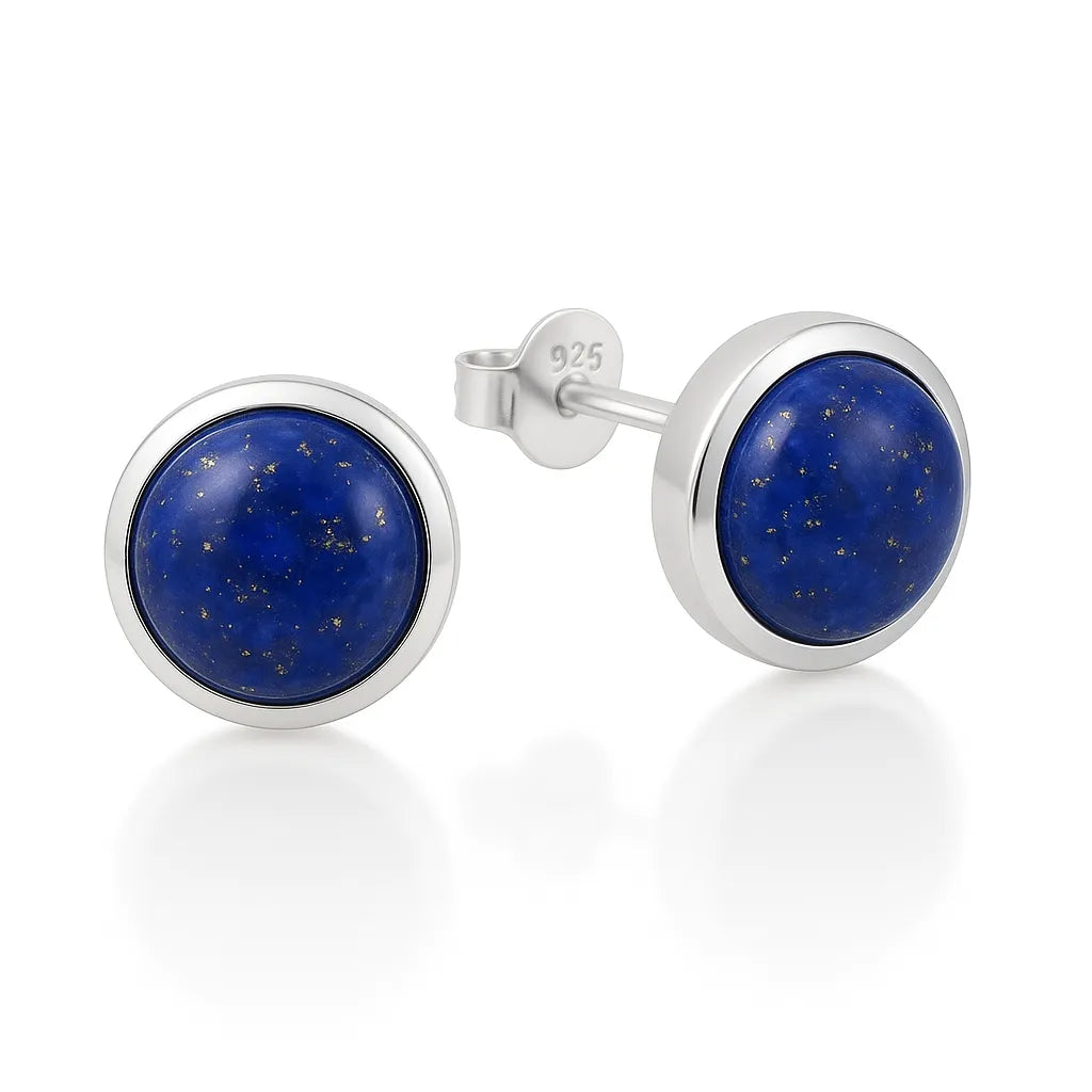 Elegante Damenohrstecker aus 925er Sterlingsilber mit rundem Lapislazuli Edelstein.