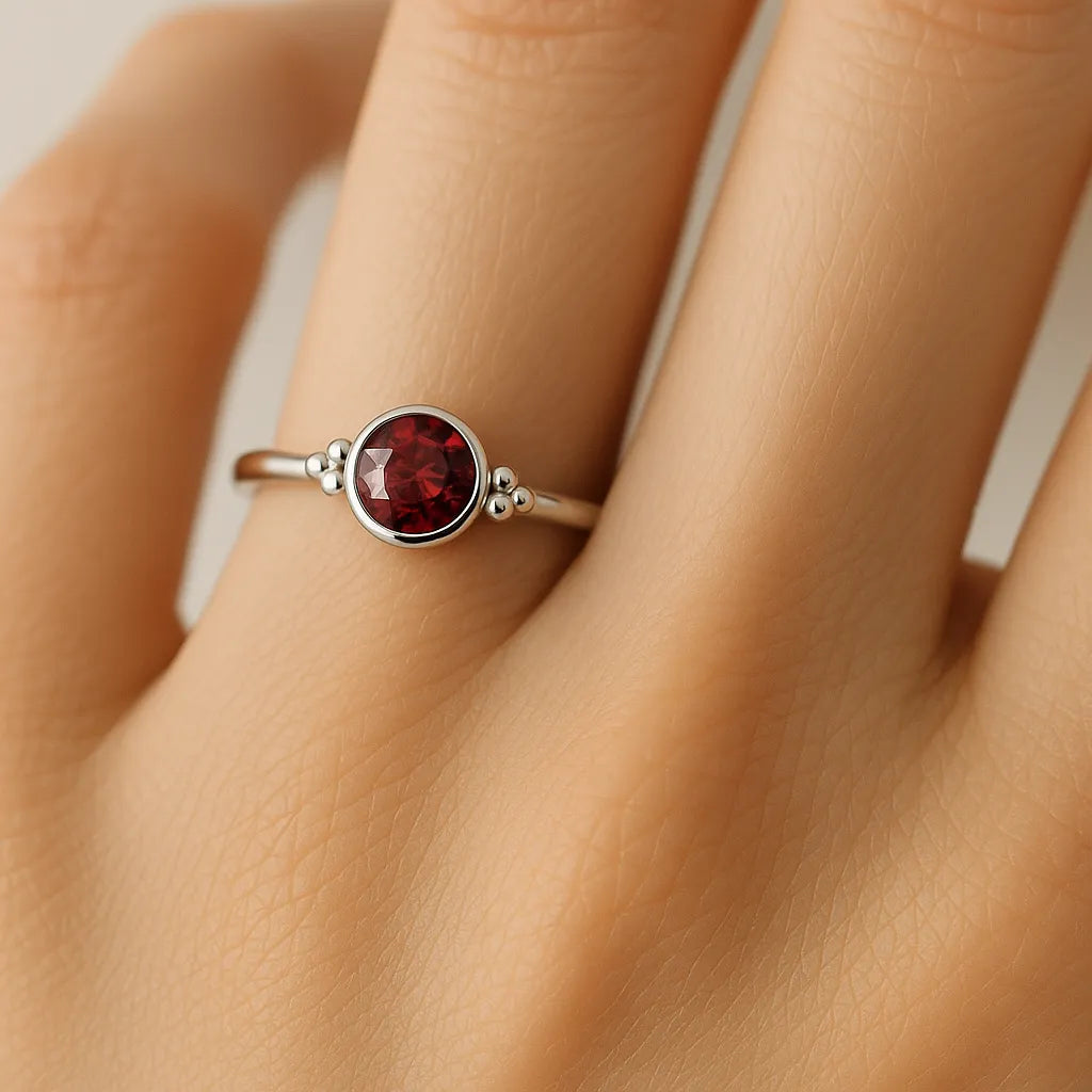 Detailaufnahme einer weiblichen Hand mit einem filigranen Damenring aus 925 Sterling Silber am Ringfinger. Der Ring trägt einen runden facettierten Granat (4 mm) in Zargenfassung mit kleinen Silberkügelchen an den Seiten. Weiche Hauttöne, dezenter Hintergrund, hochwertiges Schmuck-Tragebild