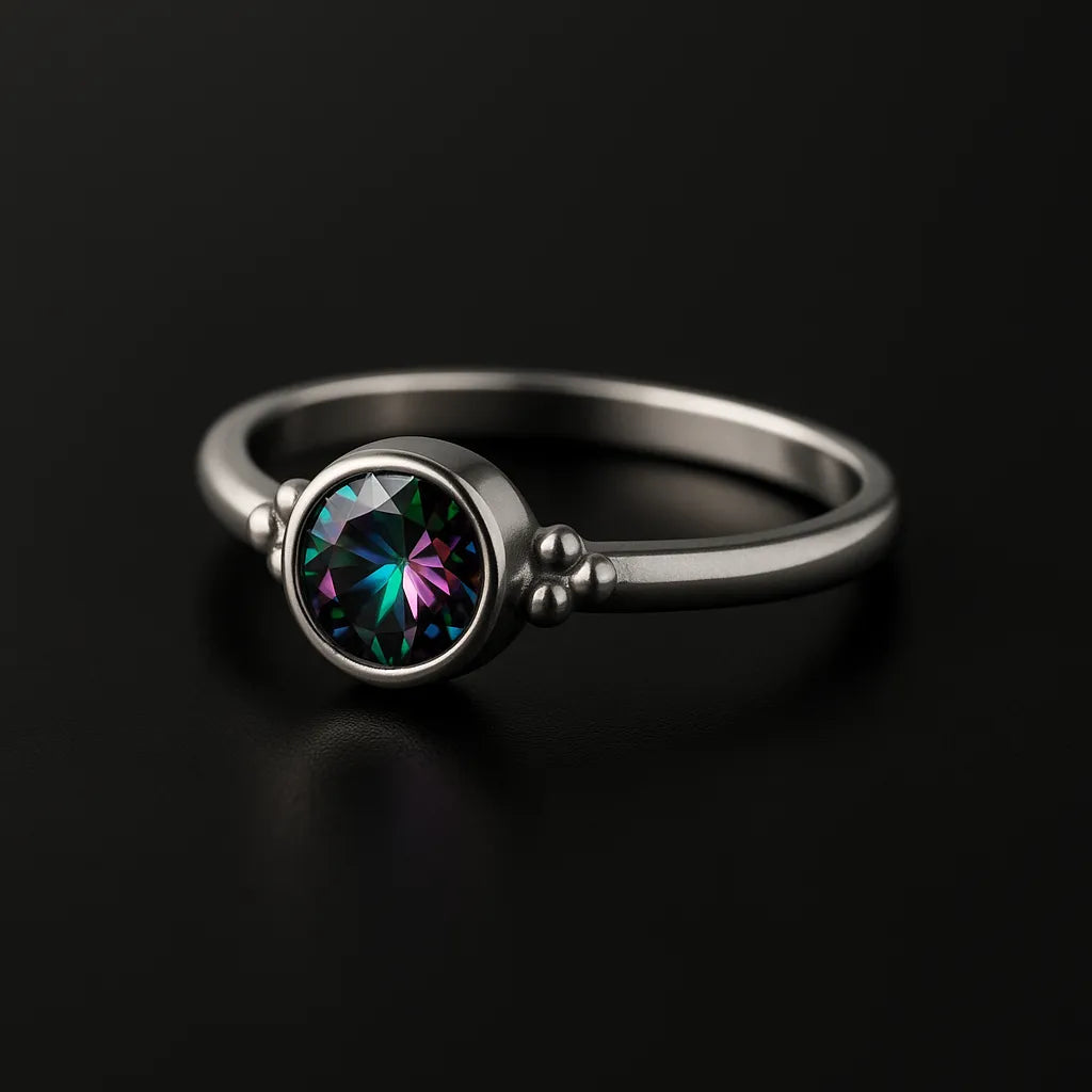 "Feiner Damenring aus mattiertem Silber mit rundem facettiertem Mystic Topas in Grün-Lila Schimmer, Zargenfassung und Kugeldetails – eleganter Silberring auf schwarzem Hintergrund"
