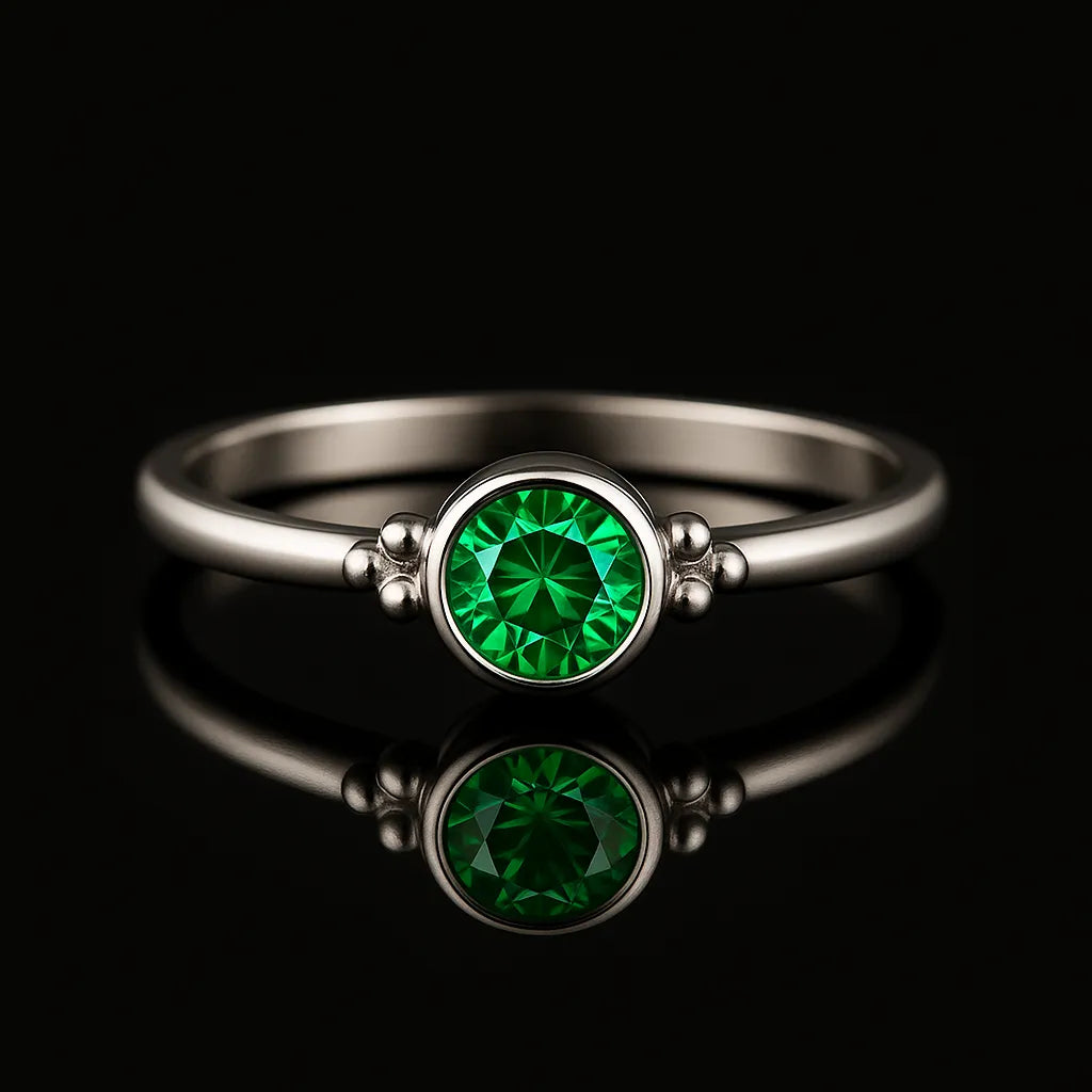 Damenring aus Sterling Silber mit rundem facettierten Smaragd in Zargenfassung – frontale Katalogansicht auf schwarzem spiegelnden Hintergrund, eleganter Silberring mit grünem Edelstein und feinen Silberkügelchen als edles Schmuckstück für Frauen.