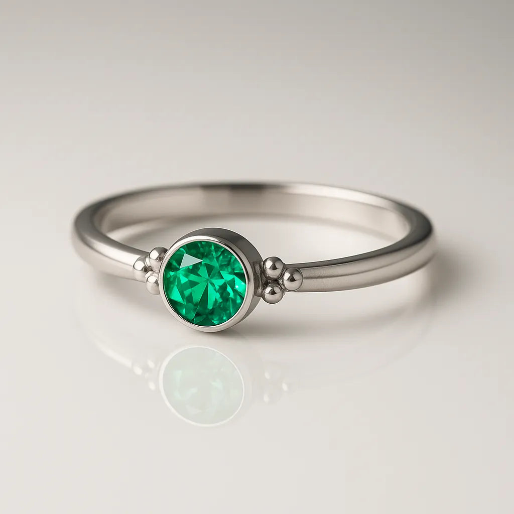 Damenring aus Sterling Silber mit rundem facettierten Smaragd in Zargenfassung – eleganter Silberring mit grünem Edelstein und feinen Silberkügelchen, fotografiert in seitlicher Perspektive auf hellem spiegelnden Studiohintergrund als hochwertiger Damenschmuck.