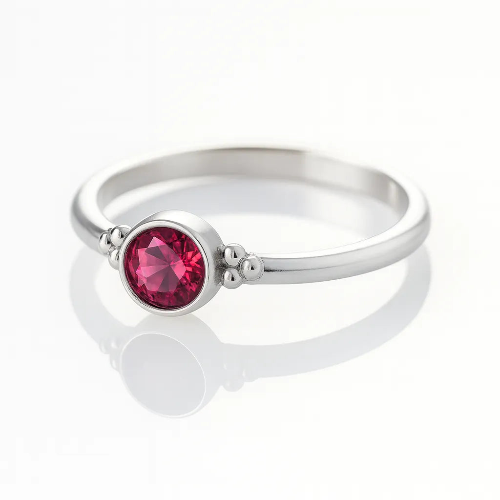 Feiner Silberring mit rundem, facettierten, intensiv pink- bis rubinroten Stein in Zargenfassung und kleinen Silberkügelchen an den Seiten, liegend auf hellem, spiegelndem Untergrund mit weicher Reflexion.