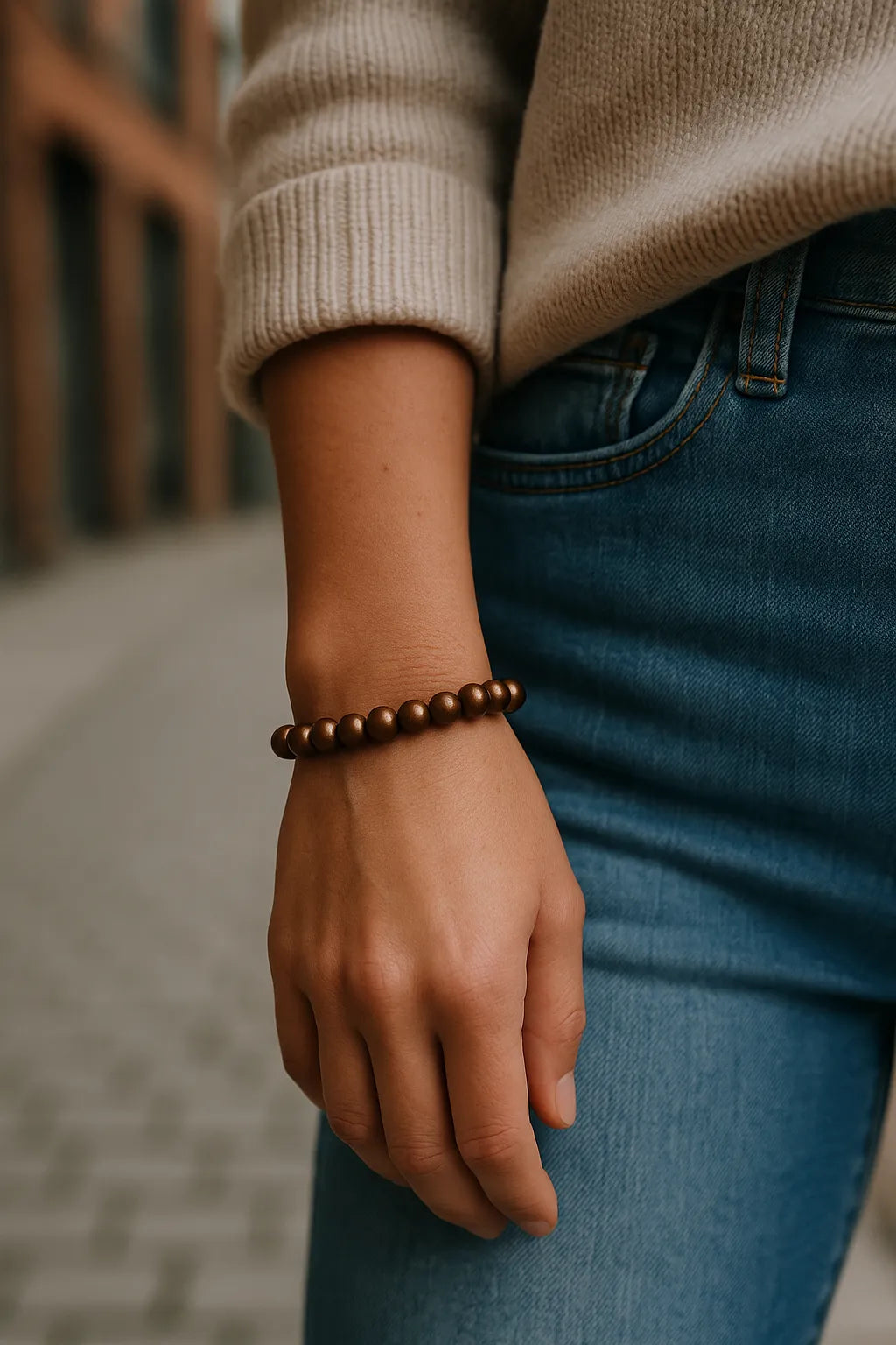 Eine Person trägt ein bronzefarbenes Perlenarmband am Handgelenk. Der Fokus liegt auf dem Armband, im Hintergrund ist eine unscharfe urbane Straßenszene erkennbar.