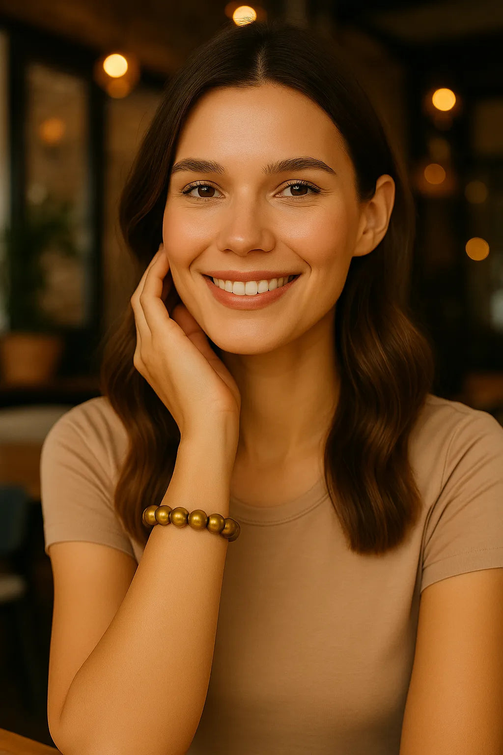 Eine junge Frau sitzt freundlich lächelnd in einem Café. Sie trägt ein goldenes Perlenarmband am Handgelenk, das elegant zur natürlichen Atmosphäre passt.