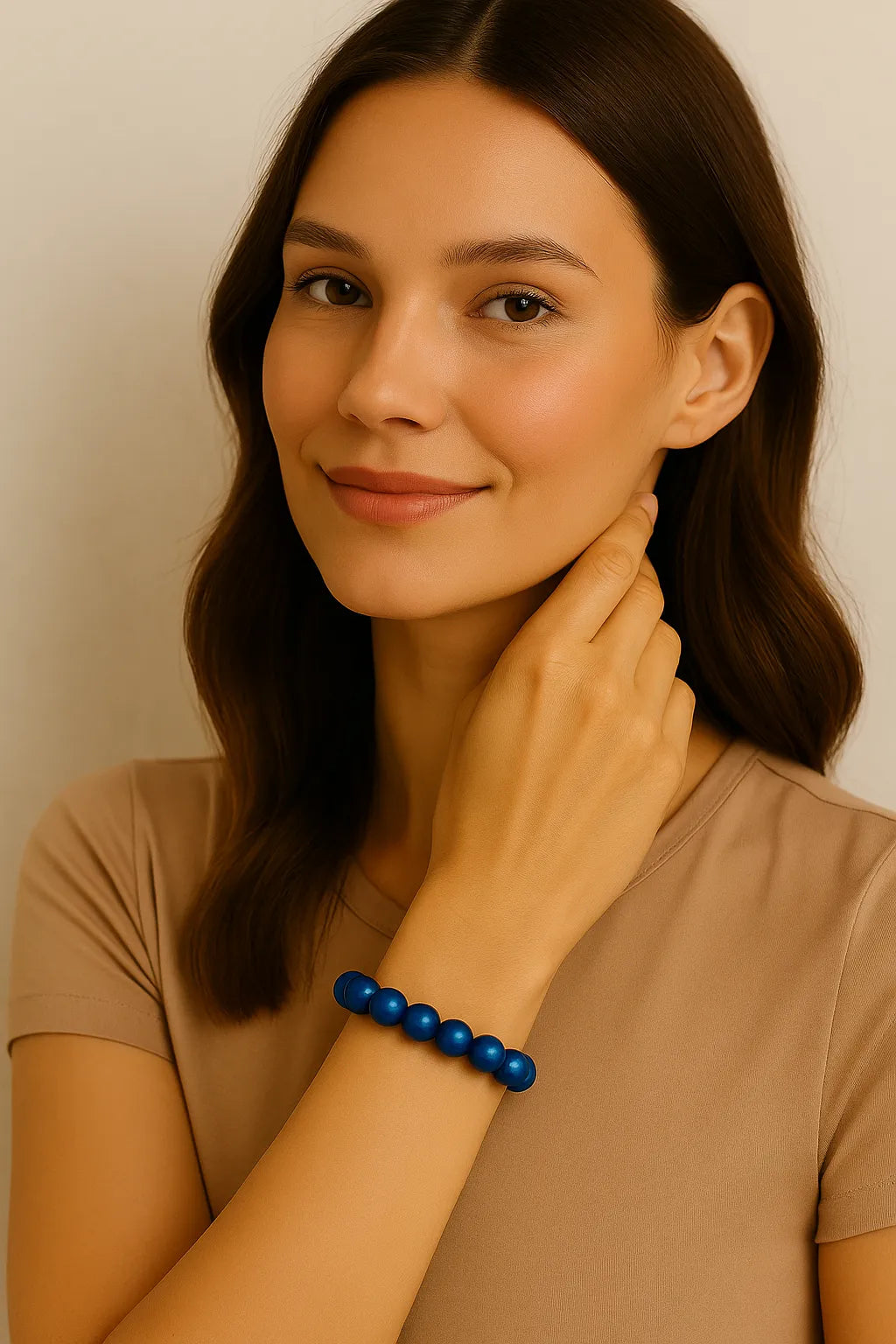 Junge Frau trägt ein elastisches 3D Wonderperlen Armband in intensivem Nachtblau am Handgelenk