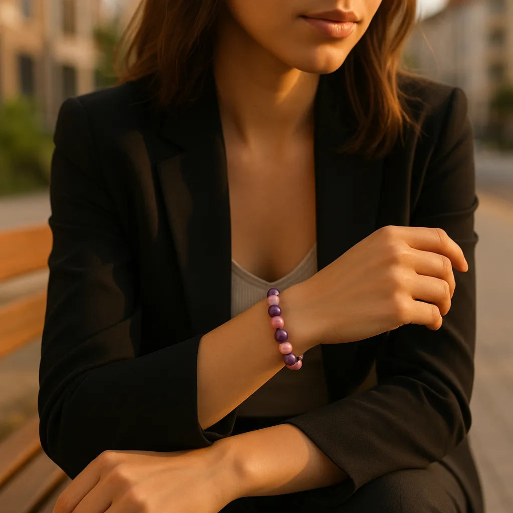 Eine modern gekleidete Frau sitzt auf einer Holzbank in einer städtischen Umgebung. Sie trägt ein schwarzes Sakko über einem beigen Top, und der Fokus liegt auf ihrem Handgelenk, an dem ein Armband aus abwechselnd rosa und lila glänzenden Perlen schimmert. Warmes Abendlicht betont die sanften Farben und schafft eine ruhige, elegante Atmosphäre.