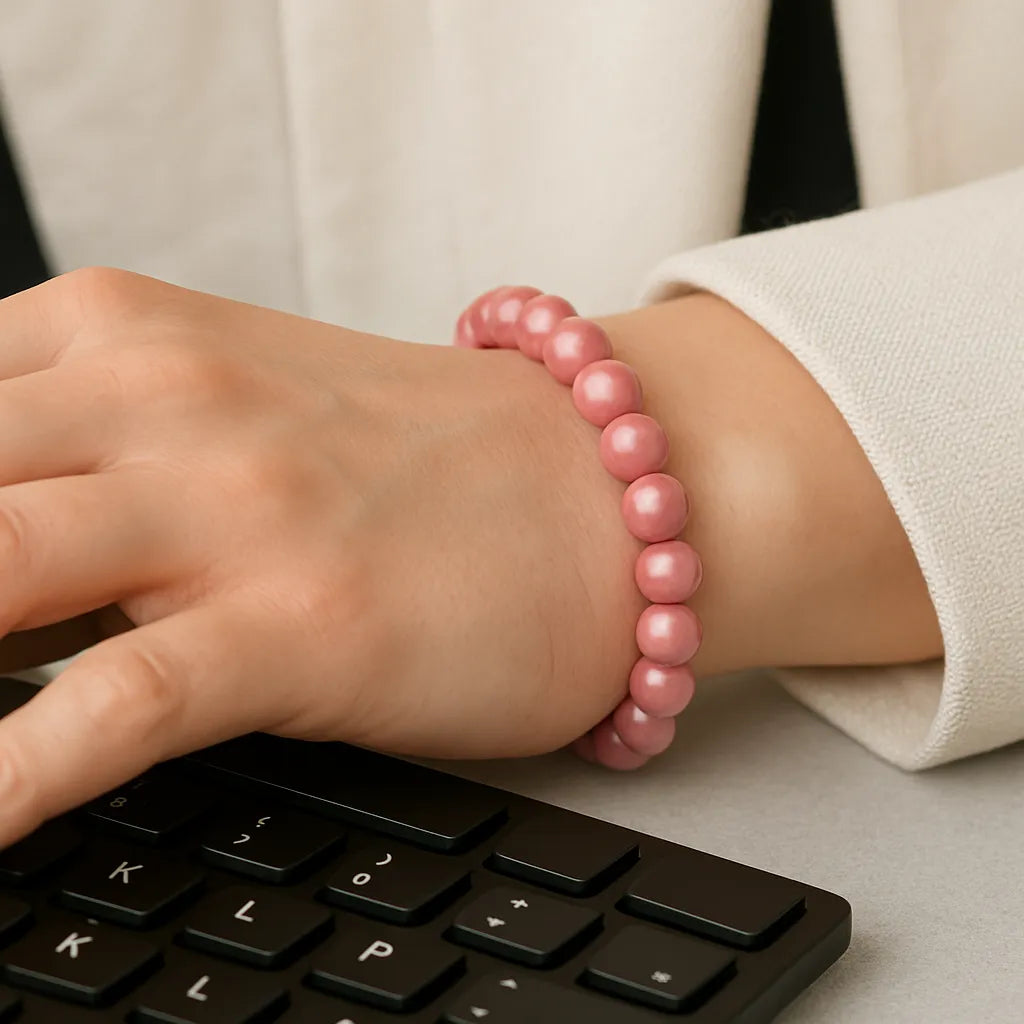 Nahaufnahme einer Frau im Büro, deren Hand auf einer schwarzen Computertastatur liegt. Am Handgelenk trägt sie ein rosafarbenes Perlenarmband, das im Fokus des Bildes steht.