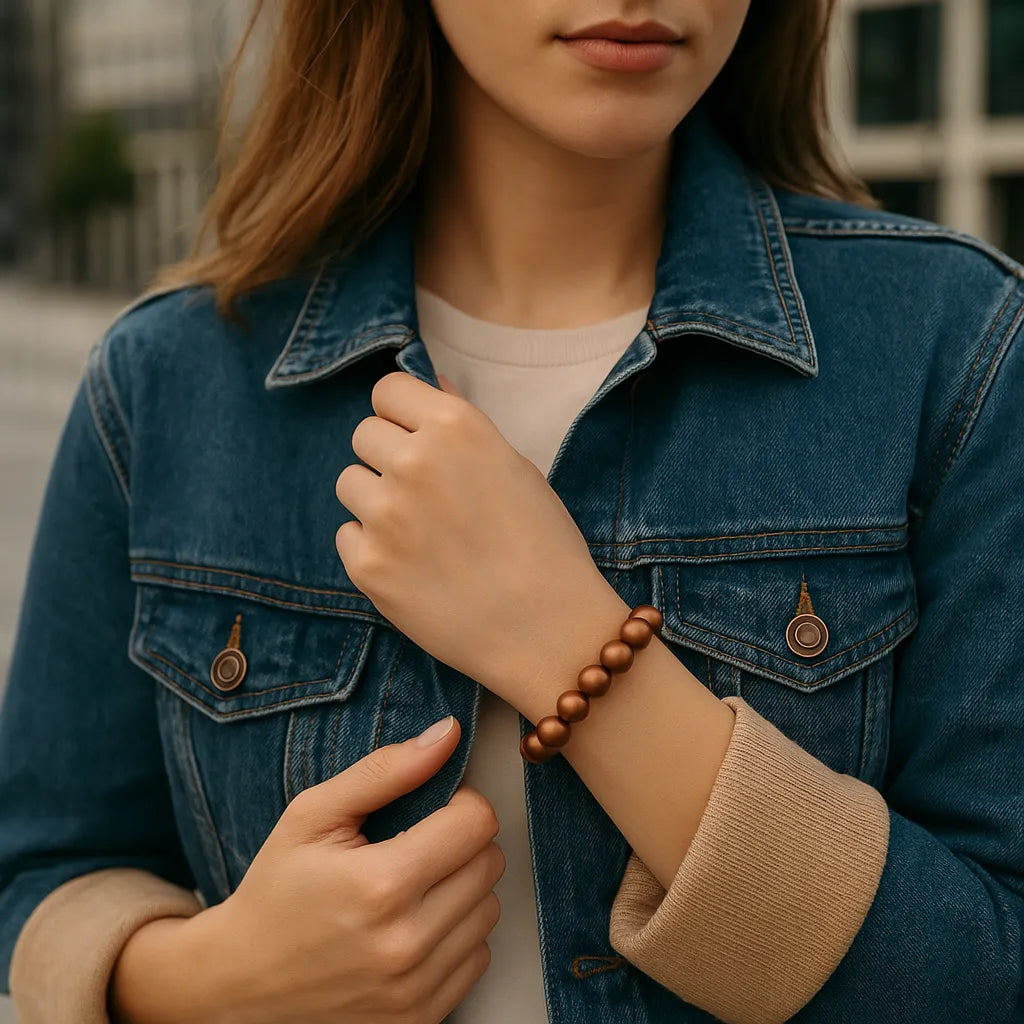 Eine Frau trägt ein bronzefarbenes Perlenarmband am Handgelenk. Sie steht in urbaner Umgebung und trägt eine blaue Jeansjacke über einem beigen Oberteil. Der Fokus liegt auf dem Armband.
