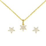 Goldenes Schmuckset bestehend aus einer feinen Halskette mit blütenförmigem Anhänger und passenden Ohrsteckern, besetzt mit funkelnden Zirkonia-Steinen, vor weißem Hintergrund.