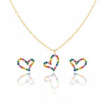 Vergoldetes Schmuckset aus 925 Sterling Silber mit bunter Herzform – Halskette und Ohrringe besetzt mit funkelnden, mehrfarbigen Zirkonia-Steinen im modernen Design.