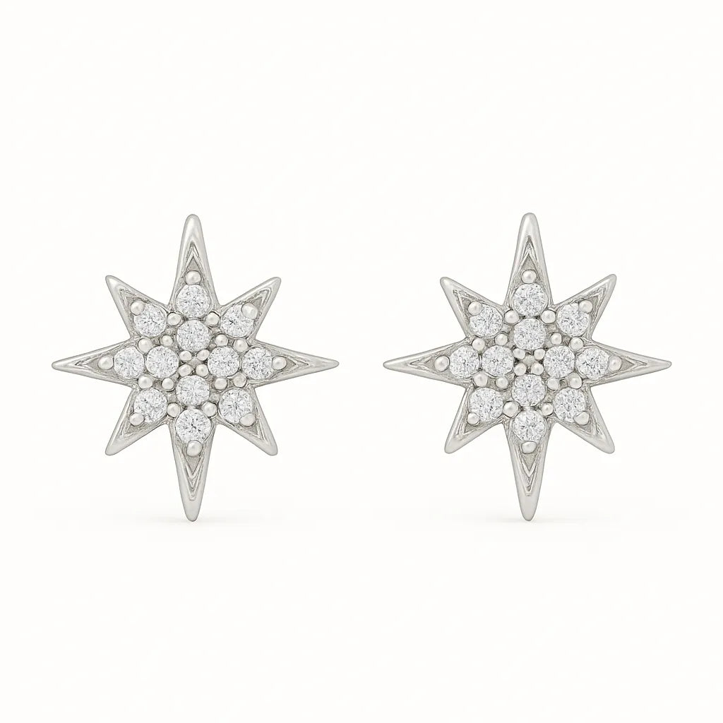 Damen-Ohrstecker aus 925 Sterling Silber in Sternform mit funkelnden Zirkonia-Steinen, elegant und modern designt.
