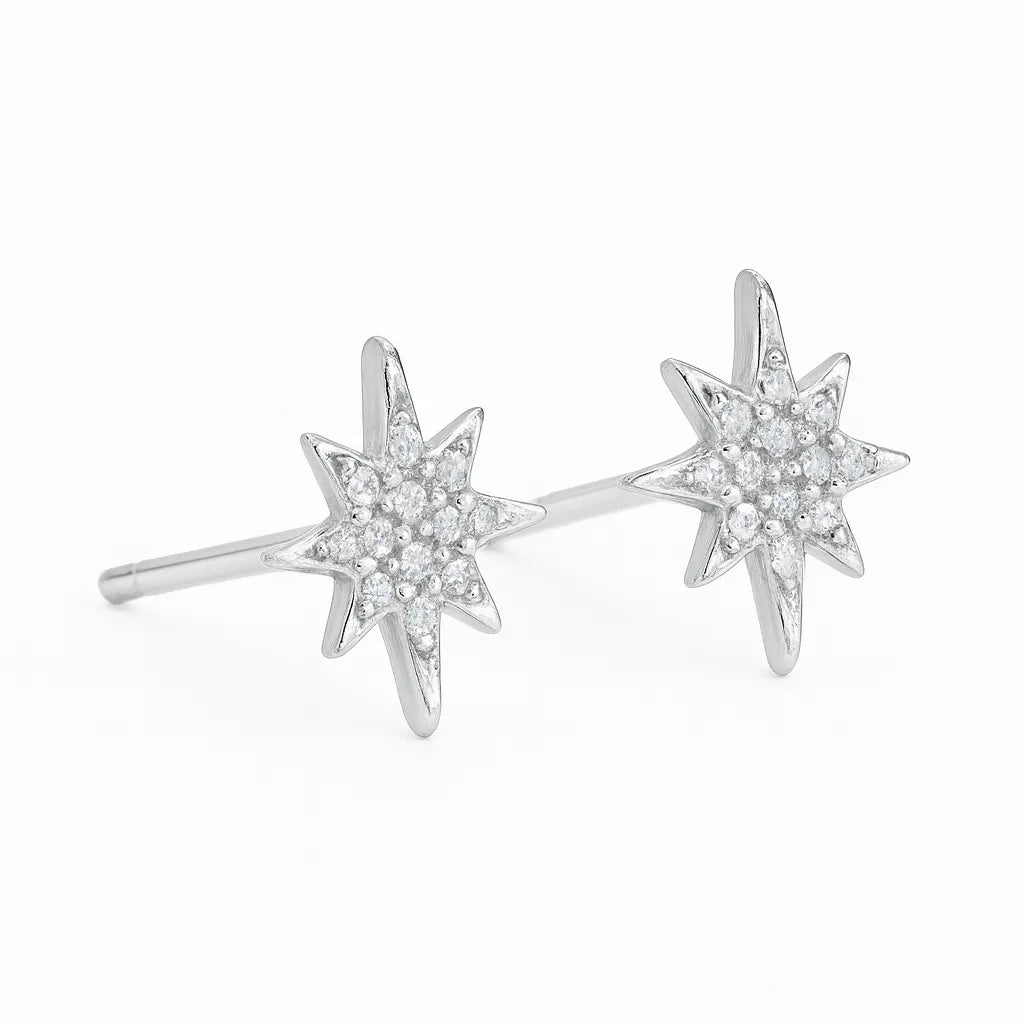 Elegante Damen-Ohrstecker aus 925 Sterling Silber in funkelnder Sternform mit glitzernden Zirkonia-Steinen, edel poliert und modern gestaltet.
