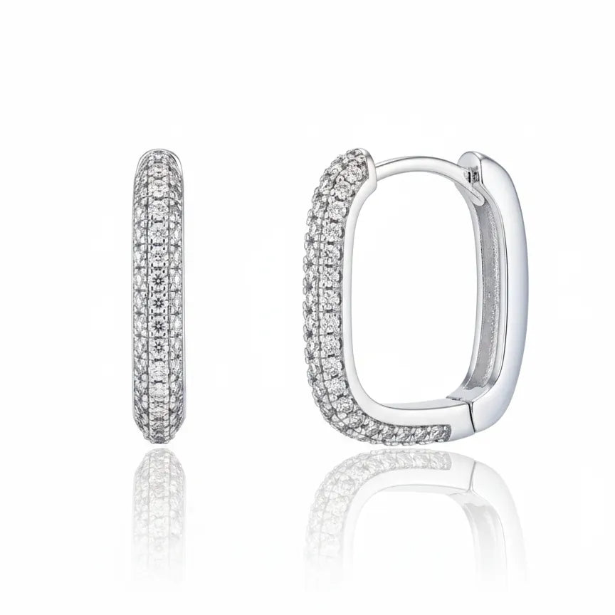 Elegante rechteckige Klappcreolen aus 925er Sterlingsilber mit funkelnden Zirkonia-Steinen – glänzende Silberohrringe für Damen, stilvoll und edel, perfekt für Alltag und besondere Anlässe.