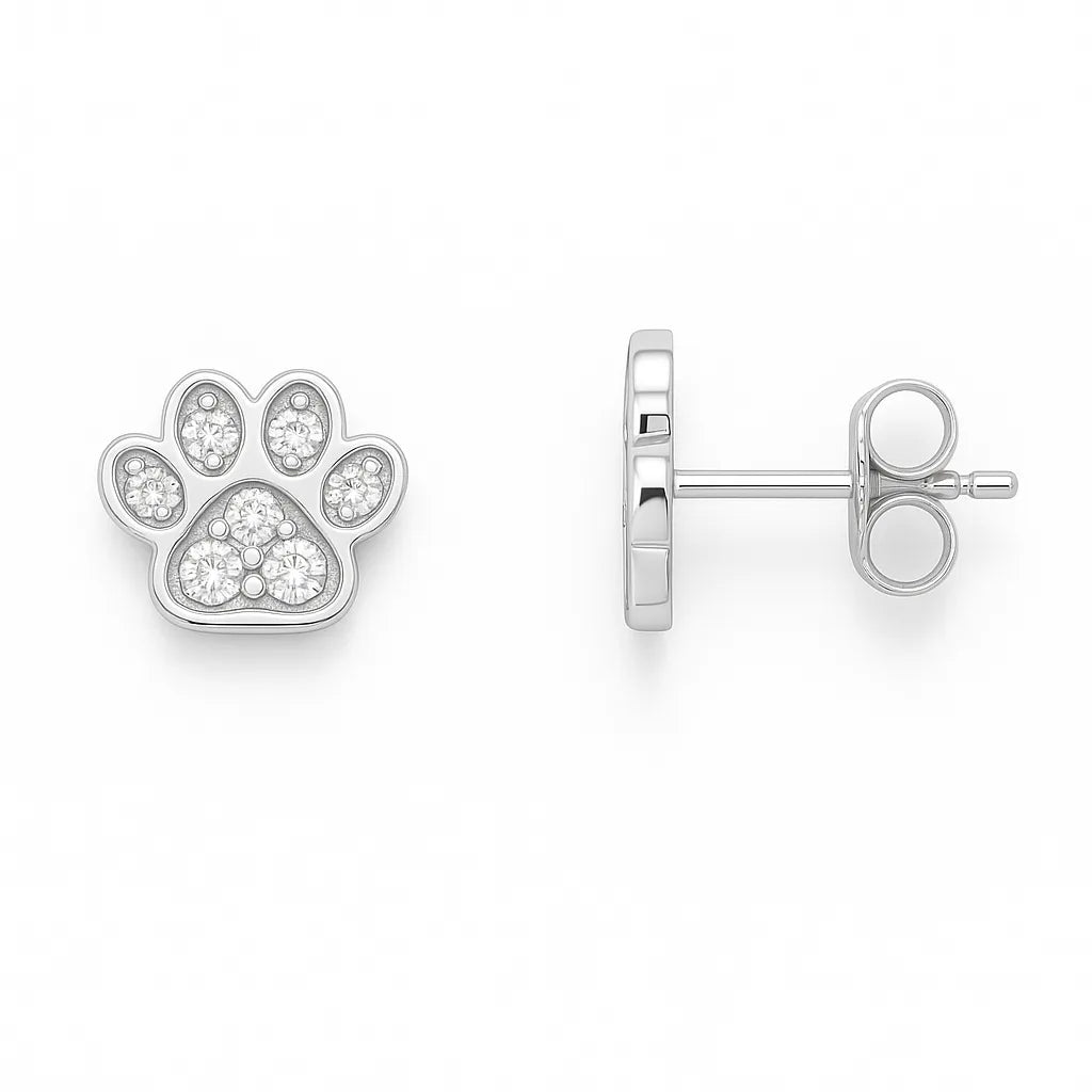 Silberne Ohrstecker in Form einer Pfote mit funkelnden Zirkonia-Steinen, Vorder- und Seitenansicht – eleganter Schmuck für Tierliebhaber.