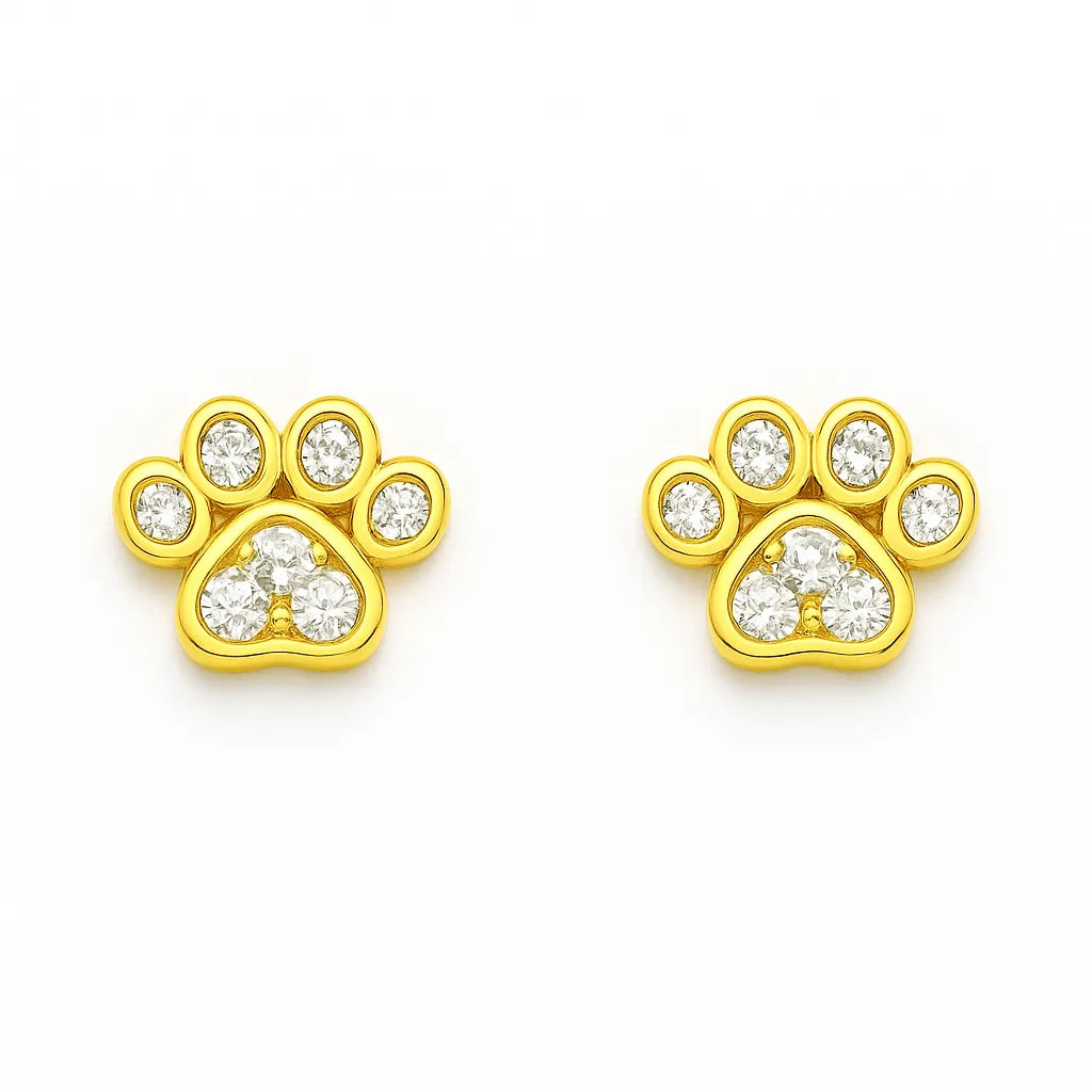 Vergoldete Ohrstecker in Form einer Pfote, besetzt mit funkelnden weißen Zirkonia-Steinen – stilvoller und verspielter Schmuck für Tierliebhaber.
