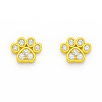 Vergoldete Ohrstecker in Form einer Pfote, besetzt mit funkelnden weißen Zirkonia-Steinen – stilvoller und verspielter Schmuck für Tierliebhaber.
