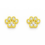 Vergoldete Ohrstecker in Form einer Pfote, besetzt mit funkelnden weißen Zirkonia-Steinen – stilvoller und verspielter Schmuck für Tierliebhaber.
