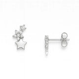 Ein Paar silberne Ohrstecker mit funkelnden Zirkonia-Steinen in Sternform. Einer der Ohrstecker ist von vorne zu sehen und zeigt mehrere kleine, glitzernde Steine, die einen größeren Sternanhänger zieren. Der andere Ohrstecker ist in der Seitenansicht dargestellt, mit sichtbarem Steckverschluss und Schmetterlingsverschluss. Beide liegen auf weißem Hintergrund, klar ausgeleuchtet und hochglanzpoliert.
