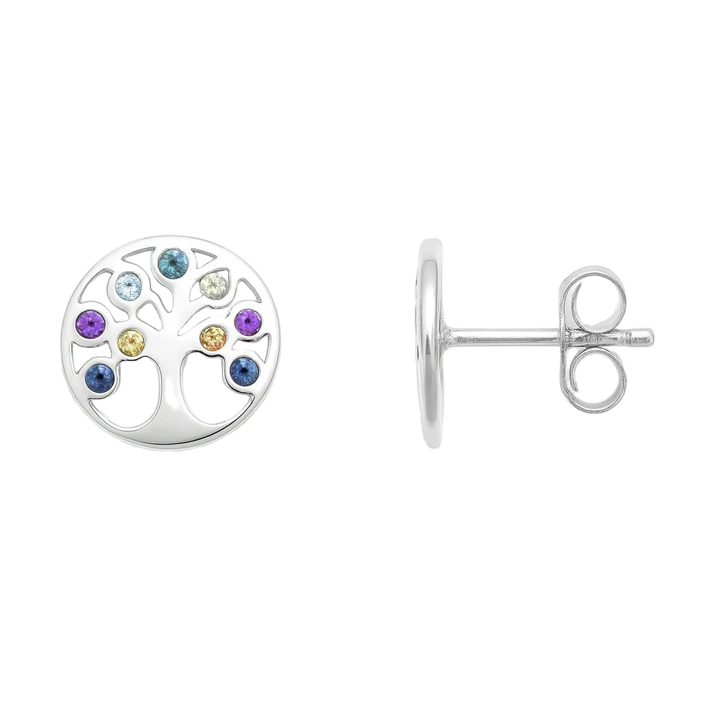 Ein Paar silberner Ohrstecker in runder Form mit Lebensbaum-Design. Die Äste des Baums sind mit farbigen Zirkonia-Steinen in Blau, Grün, Gelb, Rosa und Violett besetzt. Einer der Ohrstecker ist von vorne zu sehen, der andere in der Seitenansicht mit sichtbarem Steckverschluss. Beide liegen auf weißem Hintergrund, professionell ausgeleuchtet.
