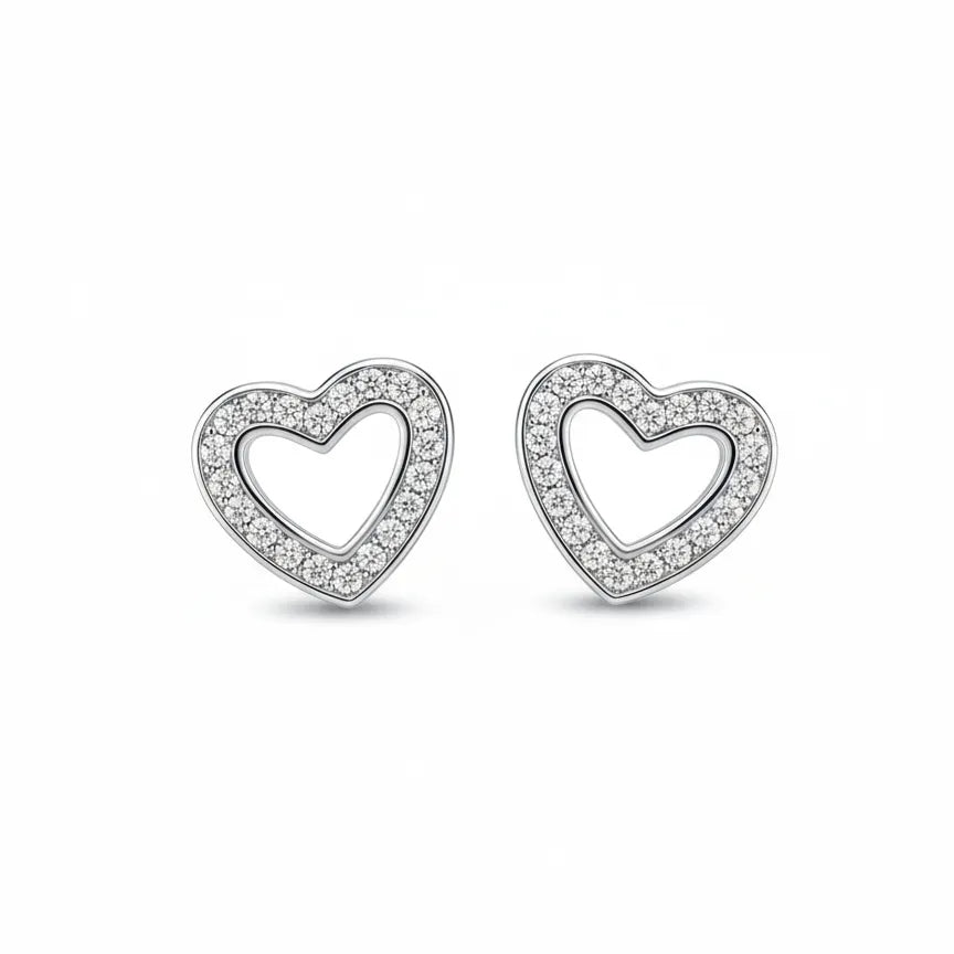 Herzförmige Ohrstecker aus 925 Sterling Silber mit funkelnden Zirkonia-Steinen und offenem Herzdesign.