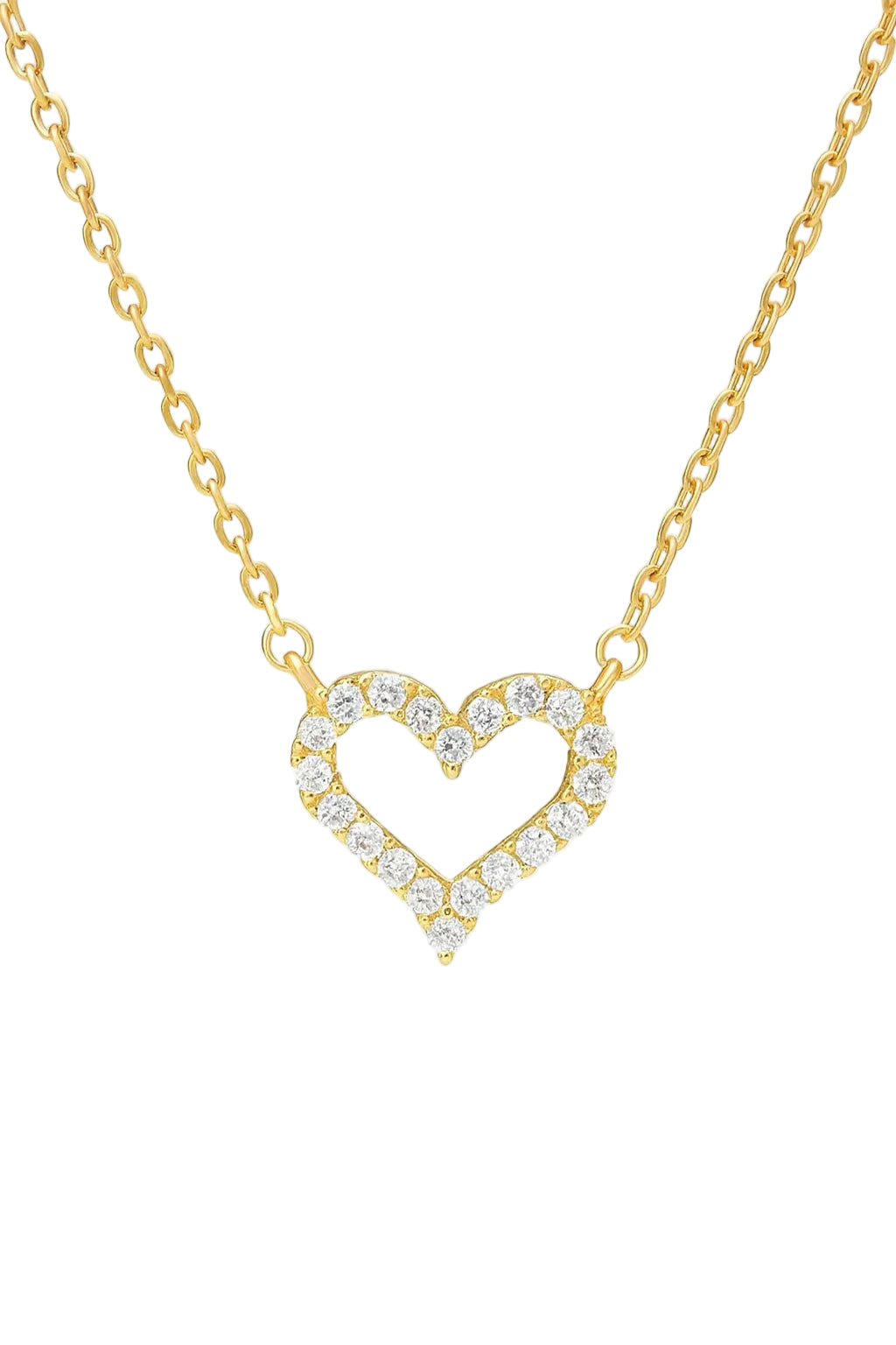 Goldfarbene Halskette mit funkelndem herzförmigem Anhänger, besetzt mit Zirkonia-Steinen, auf hellem Hintergrund.