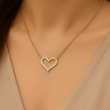 "Goldene Halskette mit funkelndem Herzanhänger aus Zirkonia, getragen an einem femininen Dekolleté mit beigefarbenem V-Ausschnitt – eleganter, romantischer Damenschmuck als Geschenk für Valentinstag oder Jahrestag."
