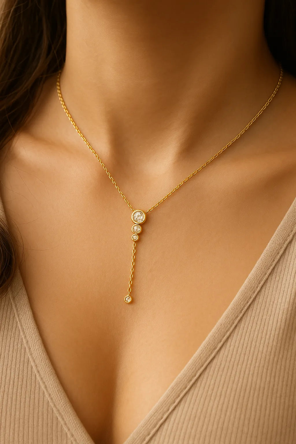 Vergoldete Y-Halskette mit funkelnden Zirkonia-Steinen am Hals einer Frau, eleganter Anhänger mit vier runden Fassungen, femininer Halsschmuck für Alltag und Anlass.
