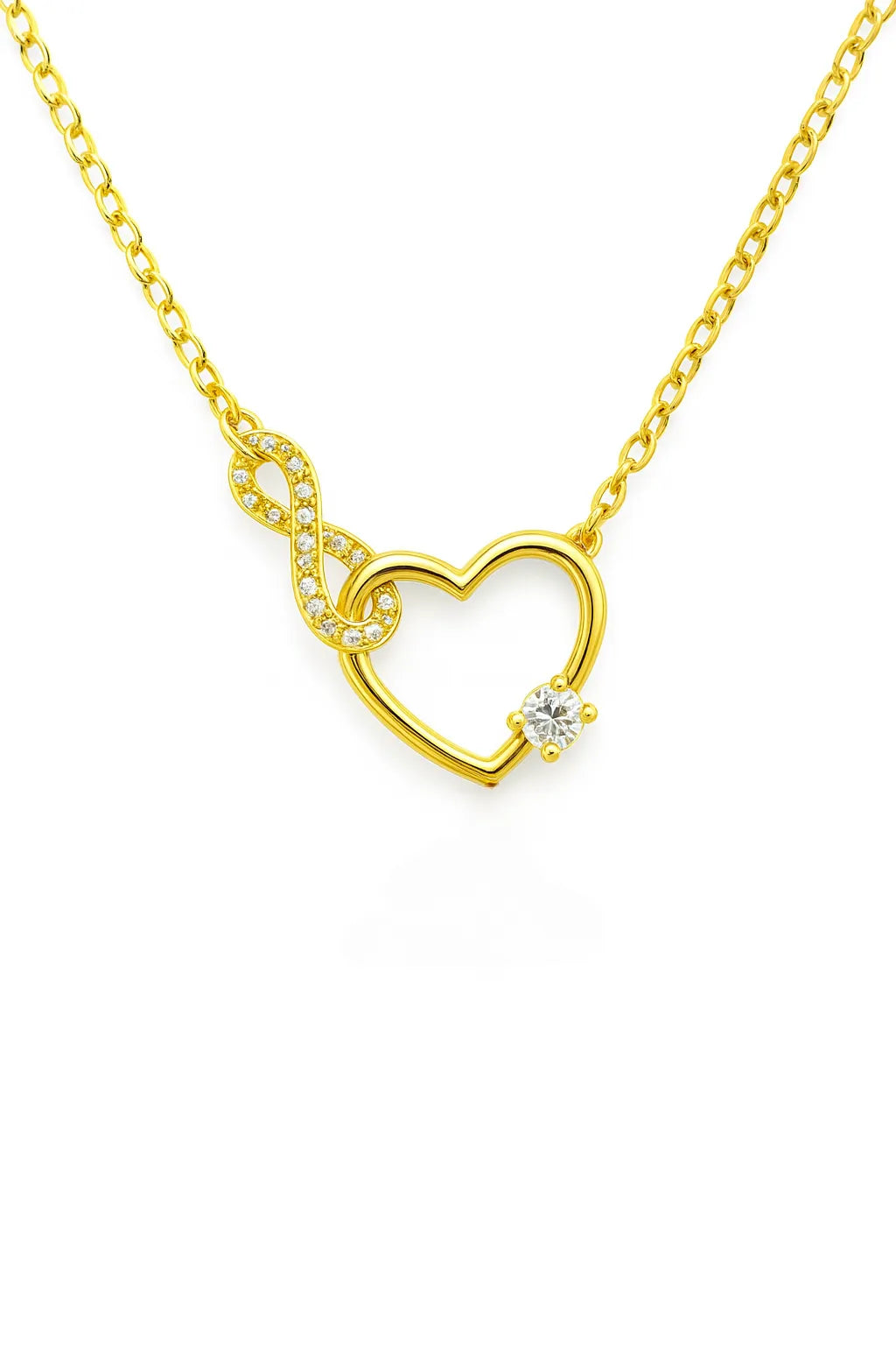 Vergoldete Silber Halskette mit offenem Herzanhänger, Infinity Zeichen und funkelndem Zirkonia Solitär – romantischer Damenschmuck ideal als Geschenk für Freundin oder Frau.

