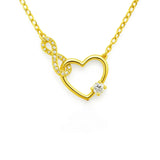 Vergoldete Silber Halskette mit offenem Herzanhänger, Infinity Zeichen und funkelndem Zirkonia Solitär – romantischer Damenschmuck ideal als Geschenk für Freundin oder Frau.
