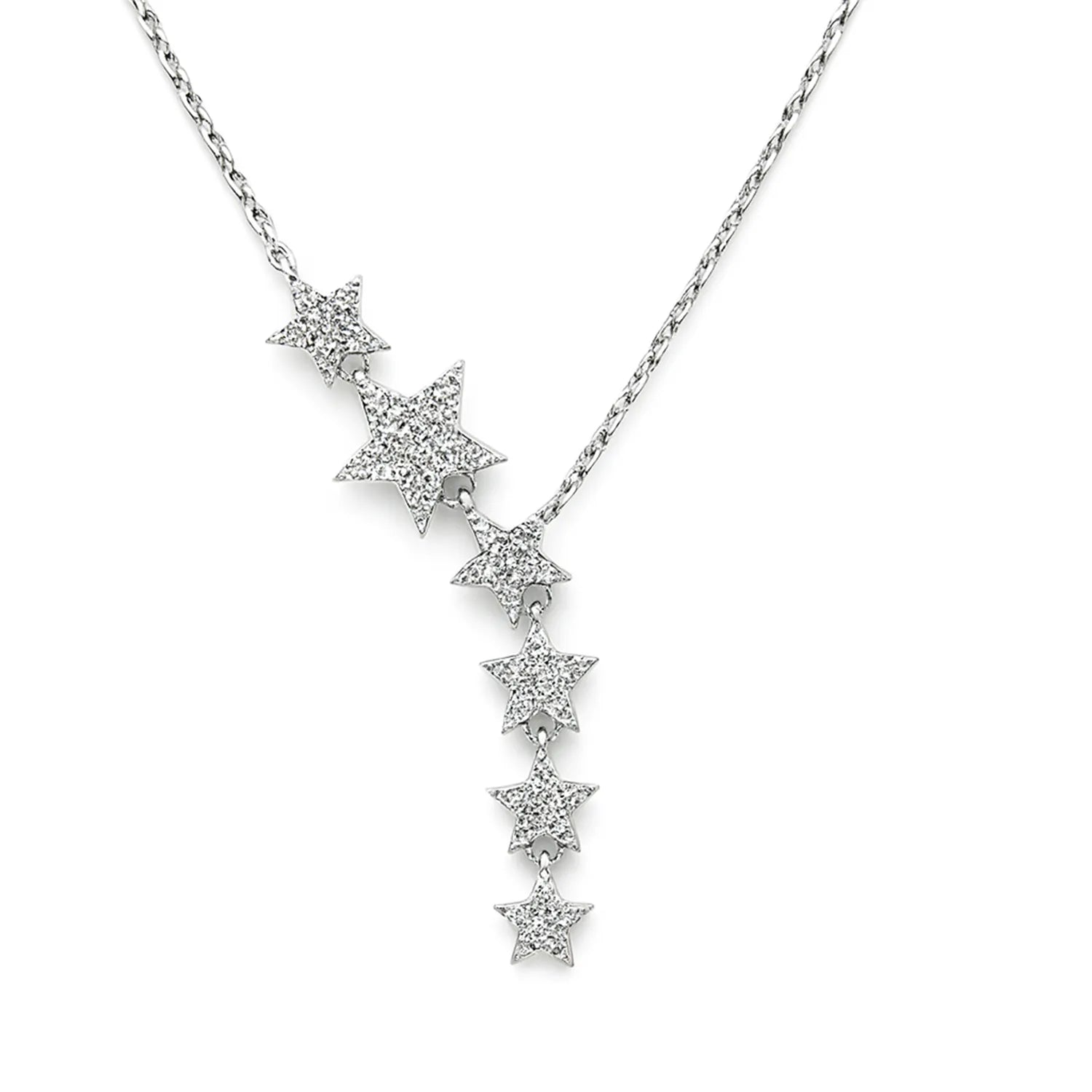 Filigrane Damenhalskette aus 925 Sterling Silber mit mehreren funkelnden Sternanhängern im Shooting-Star-Design und Zirkonia, ideal für stilbewusste Frauen zu besonderen Anlässen.